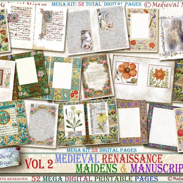 Vol 2: Medieval Renaissance Maidens & Manuscripts. 52 printable pages. MEGA Digital junk journal kit. Historically inspired. Floral borders.