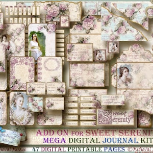 ADD On para SWEET SERENITY: Colección Nostálgica. Mega Digital Journal Elements Kit- 47 imprimibles. Romántico Shabby Grunge Vintage Chic