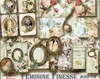 FEMININE FINESSE ADD On Kit for Vol 1 & 2. Digital Junk Journal. 42 Printables. Vintage ladies, Romantic Roses, Shabby Chic, Rustic Grunge.