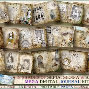 In tinten van SEPIA, SIENNA & SAGE: 43 Printables- Digital Journal Kit, Da Vinci, Durer, Renaissance Inspired. Antiek schrift, rustieke grunge