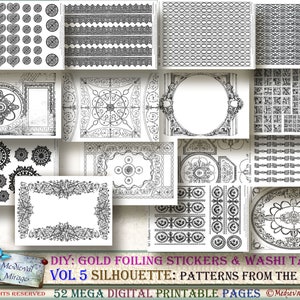 Vol 5 SILHOUETTE:Patterns from the Past. 52 digital printables Journal decorative elements, diy washi tape, gold stickers, digital lace trim