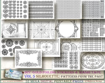 以下が含まれることがあります： 白黒のシルエットパターンが描かれた、印刷可能なページが52枚セットになっています。パターンには、フレーム、ボーダー、繰り返し模様が含まれています。画像の下部には、「DIY: GOLD FOILING STICKERS & WASHI TAPE VOL 5 SILHOUETTE: PATTERNS FROM THE PAST 52 MEGA DIGITAL PRINTABLE PAGES」というテキストがあります。
