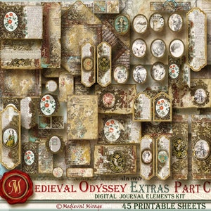 MEDIEVAL ODYSSEY Extras Część C - Zestaw elementów dziennika cyfrowego. 45 wydruków. Antyczny ozdobny wzór, renesans, rękopis, rustykalny kwiatowy.