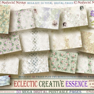 May include: A digital paper pack with 50 printable pages featuring a variety of vintage-inspired designs. The designs include floral patterns, lined paper, and decorative borders. The pack is titled "Eclectic Creative Essence" and is by Medieval Mirage.