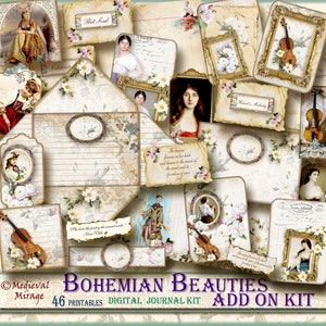 Boho BEAUTIES ADD on Kit para Vol 1 & 2-Digital Junk Journal Kit. 46 Imprimibles. Vintage, Boho, Violín Gitano, Rústico, Antiguo. Efímero