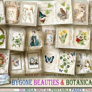 BYGONE BEAUTIES & BOTANICALS: 50 Digital Printable Junk Journal Pages, Mega Kit. Botany, Flowers, Floral, Antique, Vintage, Butterflies.