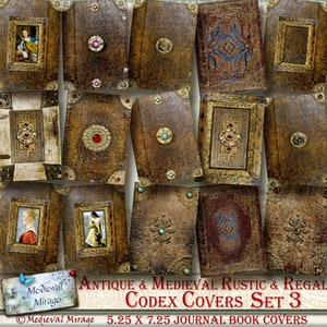 Puede incluir: Un conjunto de 12 cubiertas de diario imprimibles digitales con diseños antiguos y medievales. Las cubiertas son rústicas y regias, con detalles ornamentados y acentos de color joya. Las cubiertas miden 13,3 cm por 18,4 cm.