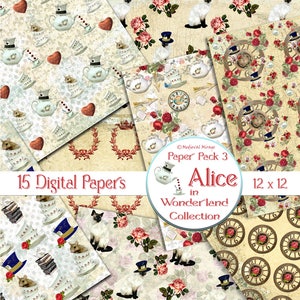 Alice in Wonderland Digital Paper Pack 3 Collection. White Rabbit. Mad Hatter. Tea Party. Scrapbooking crafts. Junk Journal Cards.