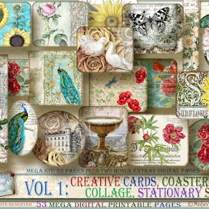 Vol 1 Creative Cards, Coasters, Collage & Stationary Set Collection. DIY greeting/journaling cards, journal cover toppers, DIY gift-making