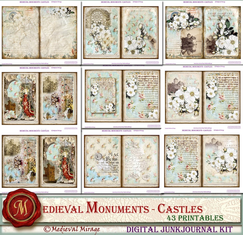 Gothic White roses Renaissance MEDIEVAL MONUMENTS-Castles Digital Junk Journal Kit 43 printables Illuminated Manuscript inspired,