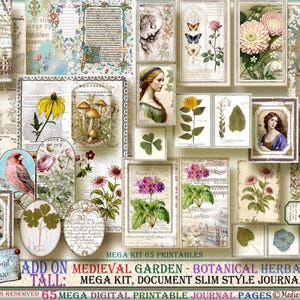 65 Digitals. ADD On for Medieval Garden: Tall, Document, Slim Style Journal Kit. Botanical, Herbarium. Medieval Renaissance inspired.