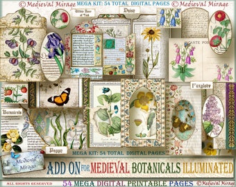May include: A digital collage kit featuring vintage botanical illustrations, including flowers, butterflies, and text. The kit includes 54 printable pages and is titled "Medieval Botanicals Illuminated".