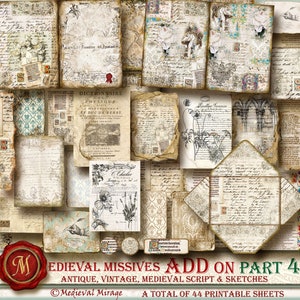 ADD On Part 4 MEDIEVAL MISSIVES-Digital Journal & Ephemera Kit. 44 printables. 5x7 vintage, antique script, sketches, manuscript, aged pages