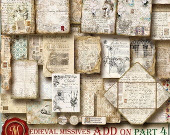 May include: A digital collage of 44 printable sheets featuring antique, vintage, and medieval script and sketches. The sheets are in various shades of beige, brown, and white with handwritten text, floral designs, and architectural elements. The title "Medieval Missives Add On Part 4" is displayed at the bottom of the collage.