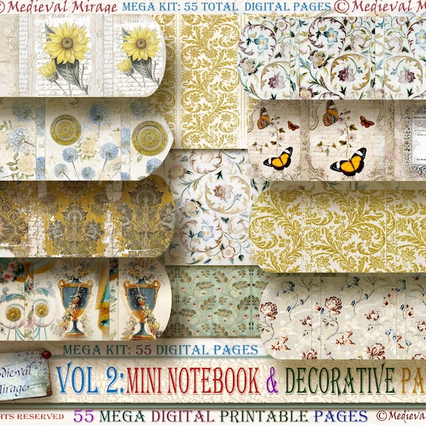 55 Digitals, Mega Kit Vol 2: Mini Notebook & Decorative Kit. Based on Antique to Vintage textile, embroidery heirloom patterns. Junk Journal