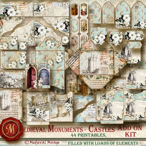 Gothic White roses Renaissance MEDIEVAL MONUMENTS-Castles Digital Junk Journal Kit 43 printables Illuminated Manuscript inspired,