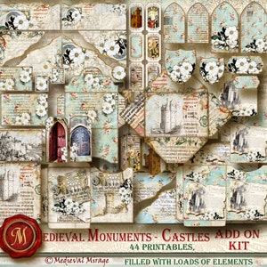 ADD on for MEDIEVAL MONUMENTS-Castles Digital Journal Kit. 44 printables. Renaissance, Gothic, Illuminated Manuscript inspired,. White roses