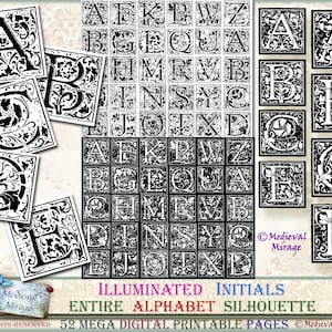 ILLUMINATED INITIALS. Entire ALPHABET. Medieval, gothic. 52 digital printables. Journal decorative elements, Gold foiling. Black & White.