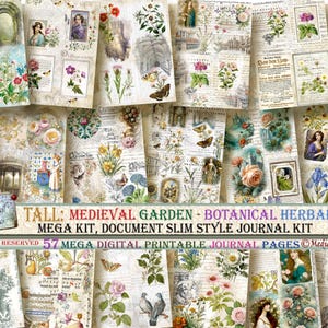 57 Digitals. Medieval Garden: Tall, Slim Document Style Journal Kit. Botanical, Herbarium, Medieval Renaissance inspired. Romantic.