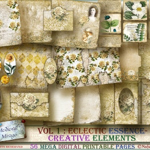 May include: A digital collage of 56 printable pages featuring vintage-inspired designs with floral patterns, ornate frames, and text. The pages are perfect for scrapbooking, card making, and other creative projects.