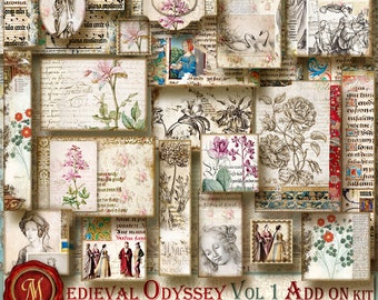 May include: A digital collage of 44 printable journal elements featuring medieval-themed illustrations. The collage includes images of flowers, birds, people, and text in a vintage style.