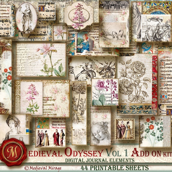 MEDIEVAL ODYSSEY- Vol 1-ADD On - Digital Journal Elements Kit. 44 printables. Antique sketches, botany, Renaissance, historical, manuscript