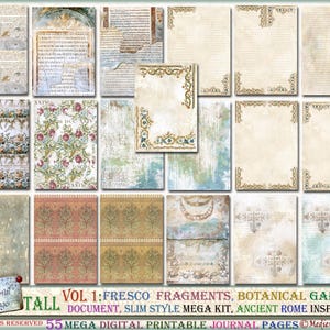 Puede incluir: Un kit de p&aacute;ginas de diario digital imprimible con 55 p&aacute;ginas que presentan una variedad de dise&ntilde;os, incluidos patrones florales, texto antiguo y marcos ornamentados. El kit est&aacute; inspirado en la antigua Roma e incluye una variedad de estilos, incluidos fragmentos de frescos, jard&iacute;n bot&aacute;nico y documento delgado.
