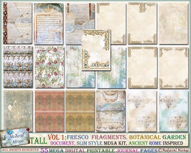Puede incluir: Un kit de p&aacute;ginas de diario digital imprimible con 55 p&aacute;ginas que presentan una variedad de dise&ntilde;os, incluidos patrones florales, texto antiguo y marcos ornamentados. El kit est&aacute; inspirado en la antigua Roma e incluye una variedad de estilos, incluidos fragmentos de frescos, jard&iacute;n bot&aacute;nico y documento delgado.