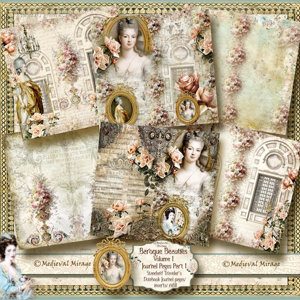 Baroque Beauties Vol 1-Part 1 TN digital junk journal pages kit. Vintage Traveler's notebook, Midori inserts. Marie Antoinette, altered art.
