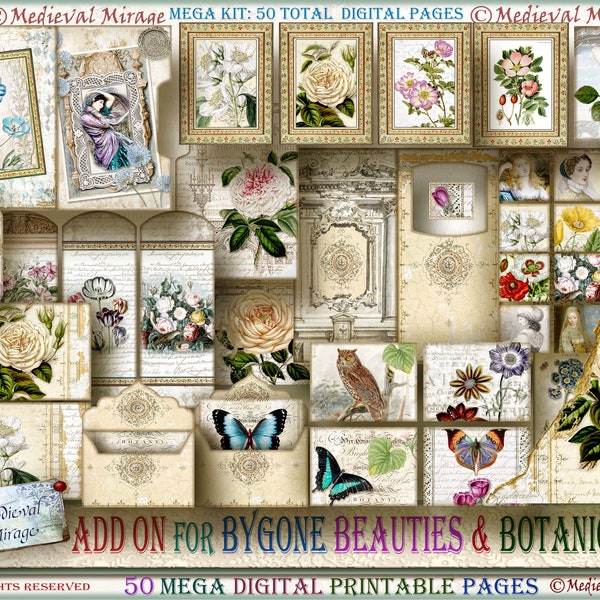 ADD ON for BYGONE Beauties & Botanicals: 50 page Mega Kit packed with decorative ephemera. Digital printable Journal Elements Kit. Floral.