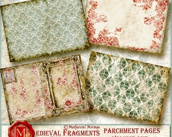 MEDIEVAL FRAGMENTS Vol 1 PARCHMENT Seiten / 5 x 7 digitales Journal Kit. Damastpapier. Ornamentaler Vintage Rahmen. Schmutz. Schäbig. Schreibschrift. Ritter