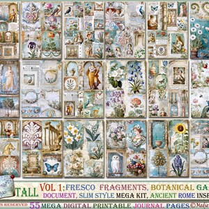 Puede incluir: Una hoja de collage digital con 55 p&aacute;ginas de diario imprimibles que presentan ilustraciones bot&aacute;nicas, fragmentos de frescos y detalles arquitect&oacute;nicos. Las im&aacute;genes est&aacute;n inspiradas en la antigua Roma y presentan una variedad de colores, incluyendo verde, azul, blanco y dorado.