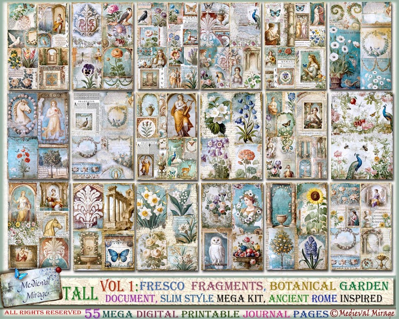 Puede incluir: Una hoja de collage digital con 55 p&aacute;ginas de diario imprimibles que presentan ilustraciones bot&aacute;nicas, fragmentos de frescos y detalles arquitect&oacute;nicos. Las im&aacute;genes est&aacute;n inspiradas en la antigua Roma y presentan una variedad de colores, incluyendo verde, azul, blanco y dorado.