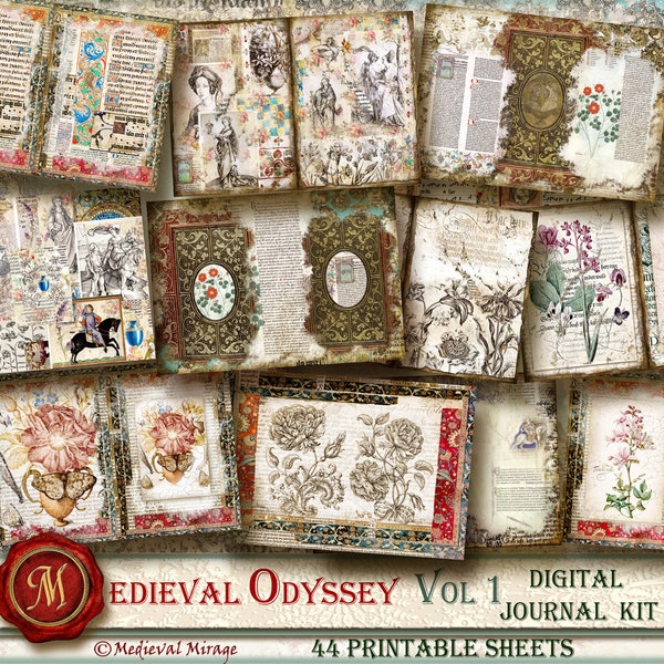 MEDIEVAL ODYSSEY - Vol 1 - Digital Junk Journal Kit. 44 printables. Antique sketches, tapestry, botanical, Renaissance, historical script