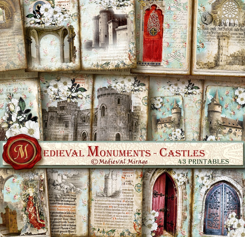 Gothic White roses Renaissance MEDIEVAL MONUMENTS-Castles Digital Junk Journal Kit 43 printables Illuminated Manuscript inspired,