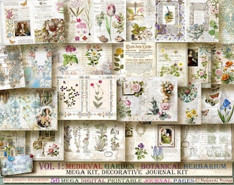 May include: A digital printable journal kit with 56 pages featuring vintage botanical illustrations, floral designs, and text. The kit is titled "Medieval Garden - Botanical Herbarium" and is part of the "Medieval Mirage" collection.