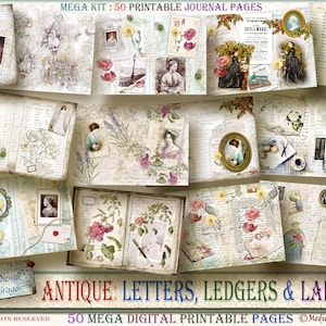 ANTIQUE Letters, Ledgers & Ladies: 50 digital journal decorative printable pages. Victorian, old world theme. Romantic nostalgic elegance.