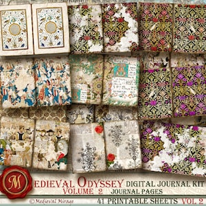 Op de afbeelding: Een digitale journal-kit met 41 printbare vellen met middeleeuws geïnspireerde ontwerpen. De kit bevat pagina's met ingewikkelde bloemmotieven, illustraties van mensen en dieren, en tekst in een ouderwets lettertype. De titel van de kit is "Medieval Odyssey Volume 2 Journal Pages".
