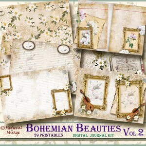 Boho BEAUTIES-Vintage estilo-Vol 2 Digital Junk Journal Kit. 39 Imprimibles. Boho romántico, Shabby Chic, Rústico Antiguo. Papel de diario 5x7