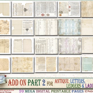 Puede incluir: Una colecci&oacute;n de 59 p&aacute;ginas imprimibles con letras antiguas, libros de contabilidad y damas. Las p&aacute;ginas son de varios tonos de beige, marr&oacute;n y azul con texto escrito a mano y patrones decorativos.