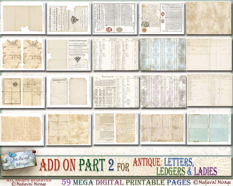 Puede incluir: Una colecci&oacute;n de 59 p&aacute;ginas imprimibles con letras antiguas, libros de contabilidad y damas. Las p&aacute;ginas son de varios tonos de beige, marr&oacute;n y azul con texto escrito a mano y patrones decorativos.