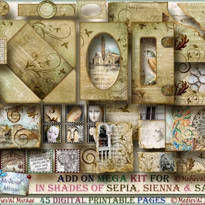 ADD ON for Shades of Sepia, Sienna & Sage: 45 Printables- Digital Journal Kit, Da Vinci, Durer, Renaissance Inspired. Antique, rustic grunge