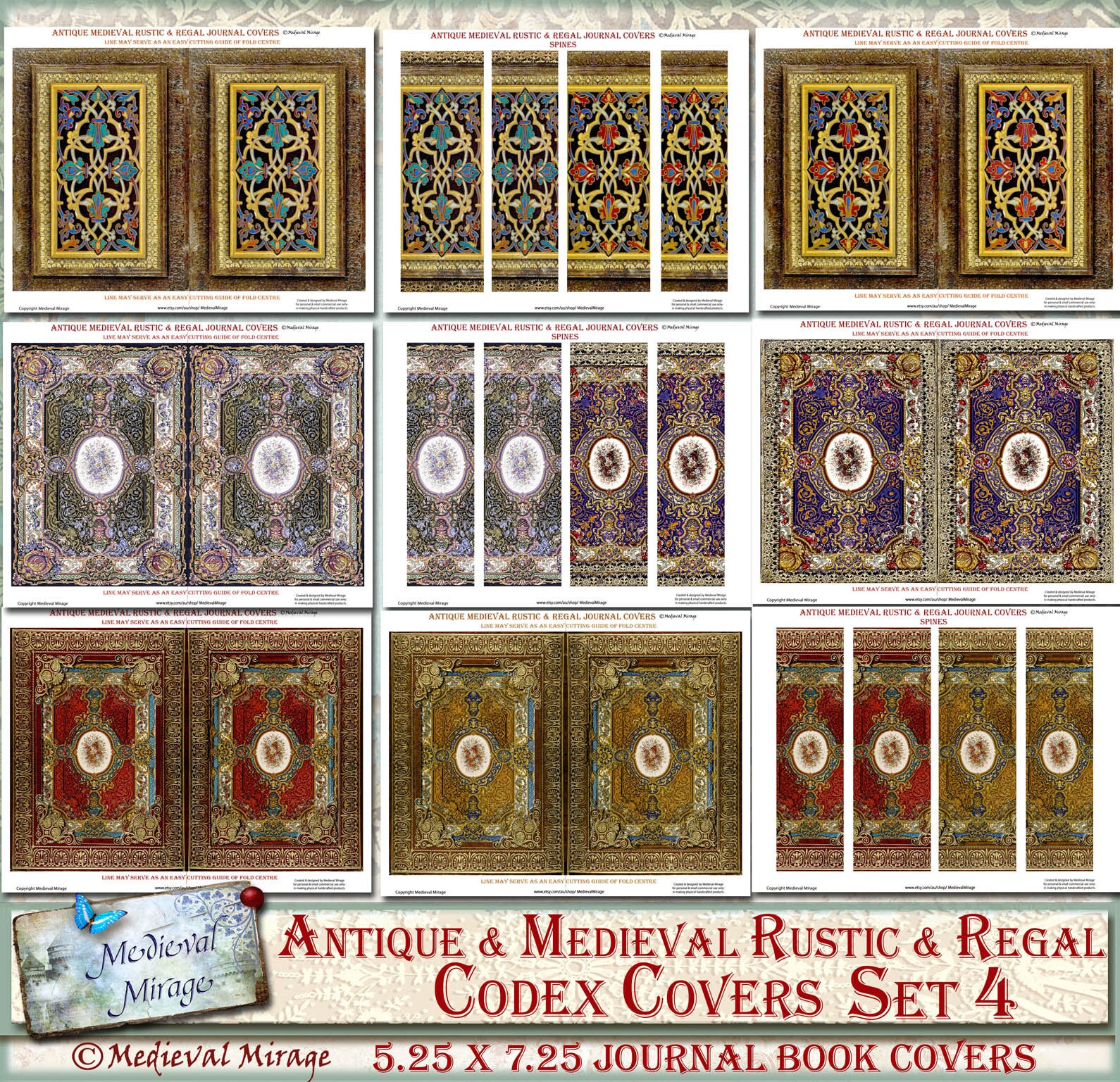 Set 4 Rustic & Regal- Antique Medieval Codex Covers. 5.25in