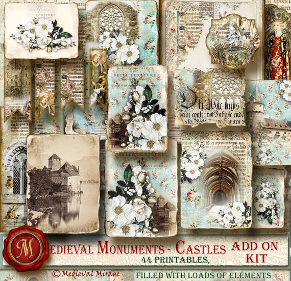 Gothic White roses Renaissance MEDIEVAL MONUMENTS-Castles Digital Junk Journal Kit 43 printables Illuminated Manuscript inspired,