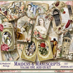 Vol 1 Add on for MAIDENS & MANUSCRIPTS digital junk journal kit. 42 Printables. Medieval castles, knights, vintage roses, Pre-raphaelite.