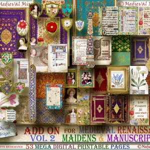 Vol 2 ADD ON for: Medieval Renaissance Maidens & Manuscripts. 53 printable pages. Digital journal elements kit with miniature books included