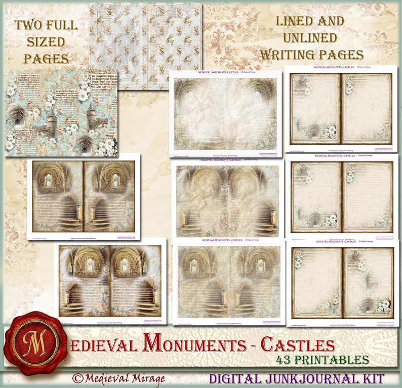 Gothic White roses Renaissance MEDIEVAL MONUMENTS-Castles Digital Junk Journal Kit 43 printables Illuminated Manuscript inspired,