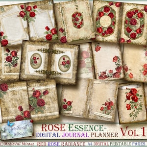 Tom 1-RED ROSE RADIANCE: Kolekcja Rose Essence - 44 cyfrowe strony dekoracyjne, do pisania, planera, pamiętnika, dziennika - do wydruku w pełnym rozmiarze.