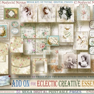 49 Pages Mega Digital Kit: Add on for- Eclectic Creative Essence Collection. Vintage, shabby. Junk Journal Interactive Elements.