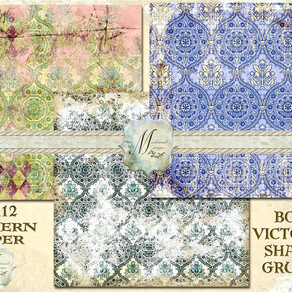 Boho Victorian Shabby Grunge. Twenty 12x12 Instant download Printable pattern paper. Distressed, Rustic, Vintage. Scrapbooking, background.
